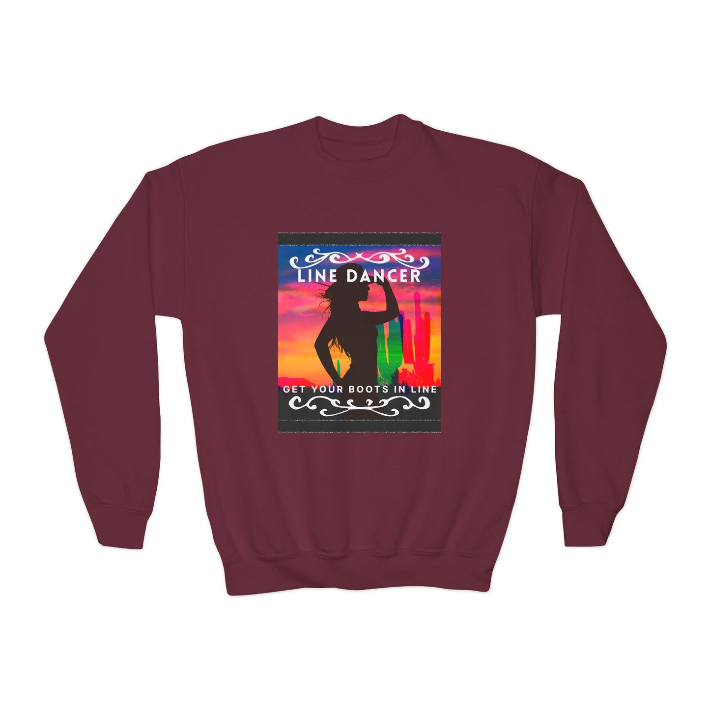 "Line Dancer, Get Your Boots in Line!" Youth Crewneck Sweatshirt – Western-Inspired Dance Graphic – Country Dance Pullover for Kids