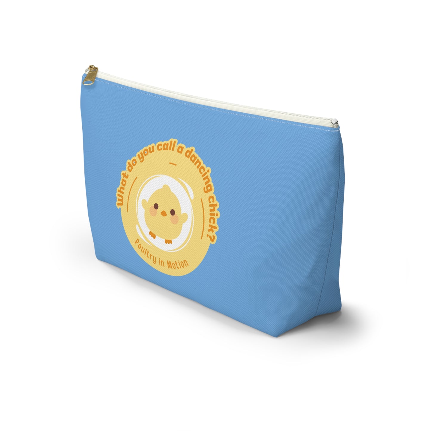 "What do you call a dancing chick? Poultry in Motion." Makeup Bag – Funny Dancing Chick Pun with Cute Chicken Graphic – Dance-Themed Zipper Pouch for Cosmetics, Accessories & Gifts