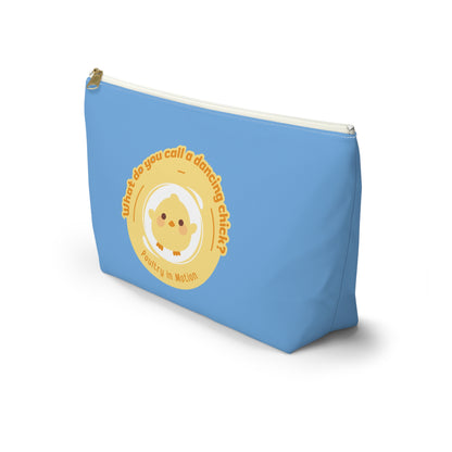 "What do you call a dancing chick? Poultry in Motion." Makeup Bag – Funny Dancing Chick Pun with Cute Chicken Graphic – Dance-Themed Zipper Pouch for Cosmetics, Accessories & Gifts