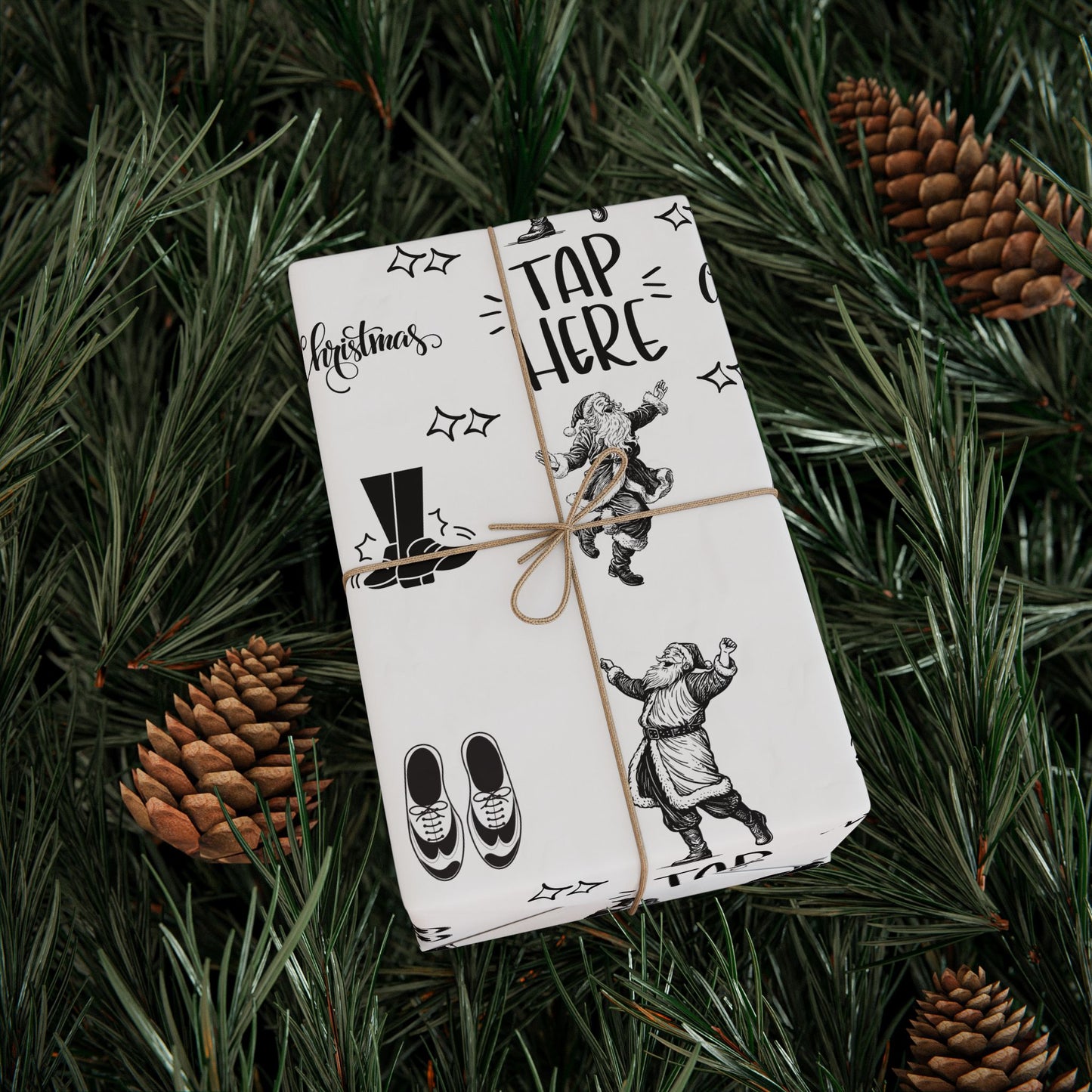 “Tap Here” Christmas Wrapping Paper – Fun Black & White Holiday Gift Wrap with Tap Shoes & Santa Design, Perfect for Tap Dancers & Dance Studios