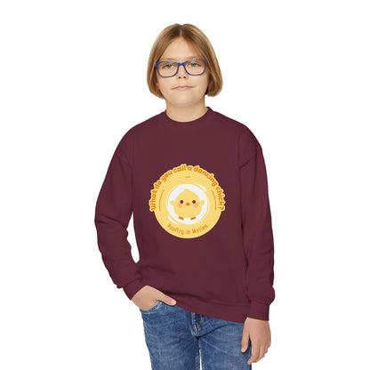 "What do you call a dancing chick? Poultry in Motion." – Funny Dance Pun Youth Crewneck Sweatshirt | Cute Dancing Chicken Kids Pullover