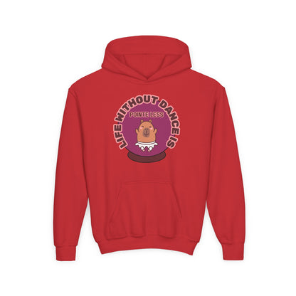 "Life Without Dance Is Pointeless" Youth Hooded Sweatshirt – Cute Dancing Capybara Graphic Hoodie for Kids and Teens