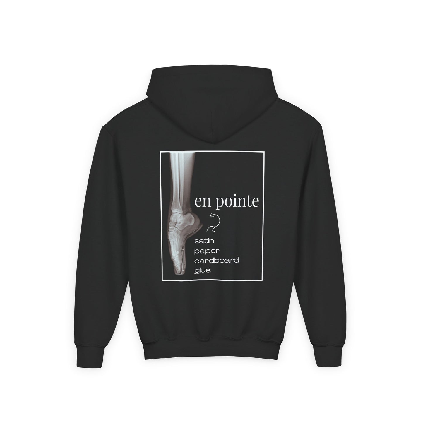 “I Dance En Pointe” Youth Pullover Hoodie with X-Ray Ballet Foot Graphic – Personalized Dance Hoodie for Kids, Custom Name or Studio Option