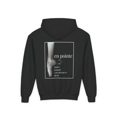 “I Dance En Pointe” Youth Pullover Hoodie with X-Ray Ballet Foot Graphic – Personalized Dance Hoodie for Kids, Custom Name or Studio Option