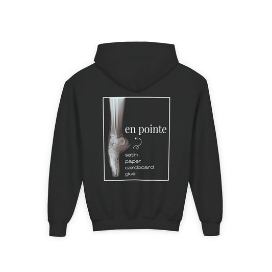 “I Dance En Pointe” Youth Pullover Hoodie with X-Ray Ballet Foot Graphic – Personalized Dance Hoodie for Kids, Custom Name or Studio Option