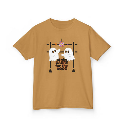“At the Barre for the Boos” Halloween Dance T-Shirt with Cute Ghost Ballet Graphics - Kids Heavy Cotton™ Tee