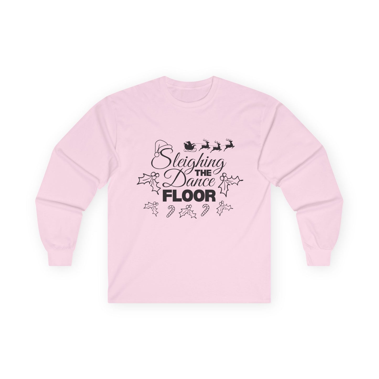 “Sleighing the Dance Floor” ADULT TEE Unisex Long Sleeve with Santa’s Sleigh and Reindeer – Festive Christmas Dance Shirt for Dancers, Studios and Holiday Events
