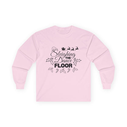 “Sleighing the Dance Floor” ADULT TEE Unisex Long Sleeve with Santa’s Sleigh and Reindeer – Festive Christmas Dance Shirt for Dancers, Studios and Holiday Events