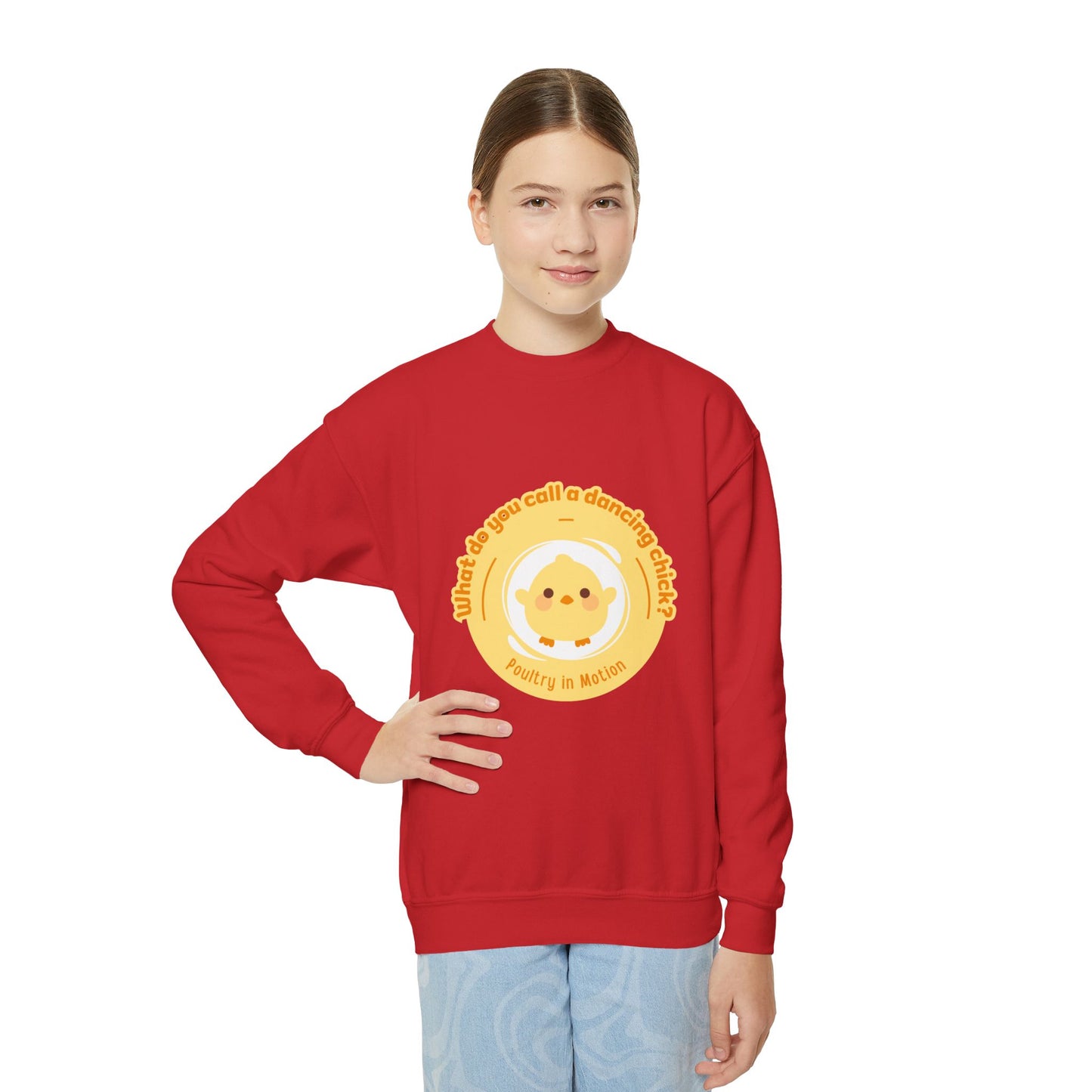 "What do you call a dancing chick? Poultry in Motion." – Funny Dance Pun Youth Crewneck Sweatshirt | Cute Dancing Chicken Kids Pullover