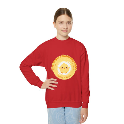 "What do you call a dancing chick? Poultry in Motion." – Funny Dance Pun Youth Crewneck Sweatshirt | Cute Dancing Chicken Kids Pullover