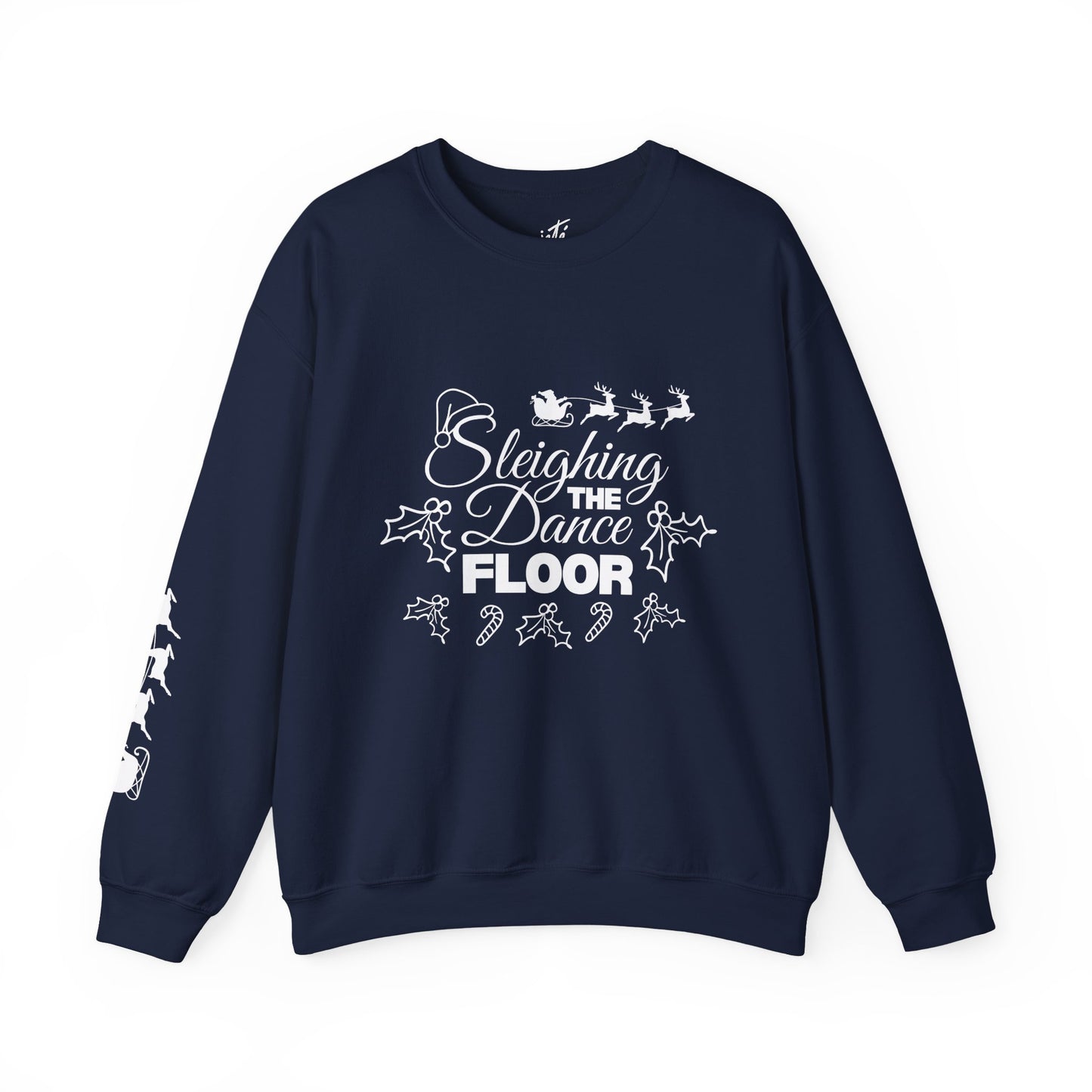 “Sleighing the Dance Floor” ADULT SWEATSHIRT Unisex Heavy Blend Crewneck – Festive Christmas Dance Sweatshirt with Santa’s Sleigh & Reindeer Arm Design, Perfect for Dancers & Studios