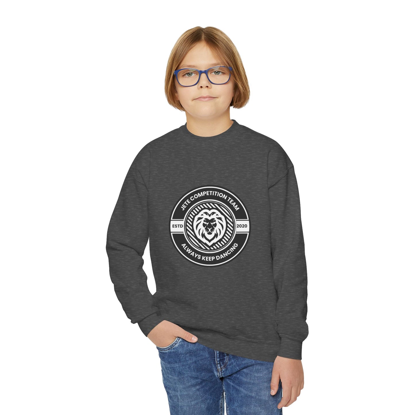 "Jeté Competition Team - Always Keep Dancing" Youth Crewneck Sweatshirt – Bold Collegiate-Inspired Dance Graphic Pullover for Kids and Teens