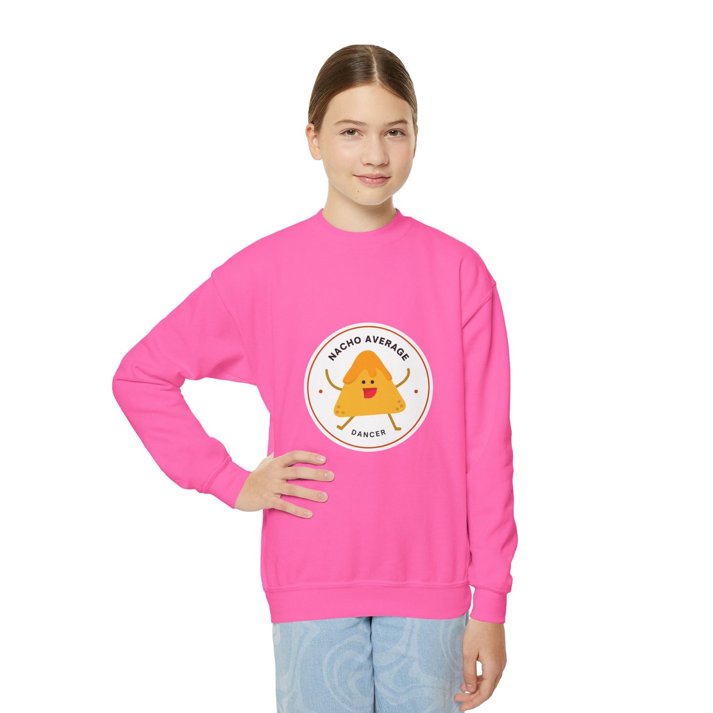 "Nacho Average Dancer" – Funny Youth Crewneck Dance Sweatshirt | Cute Nacho Graphic Kids Pullover