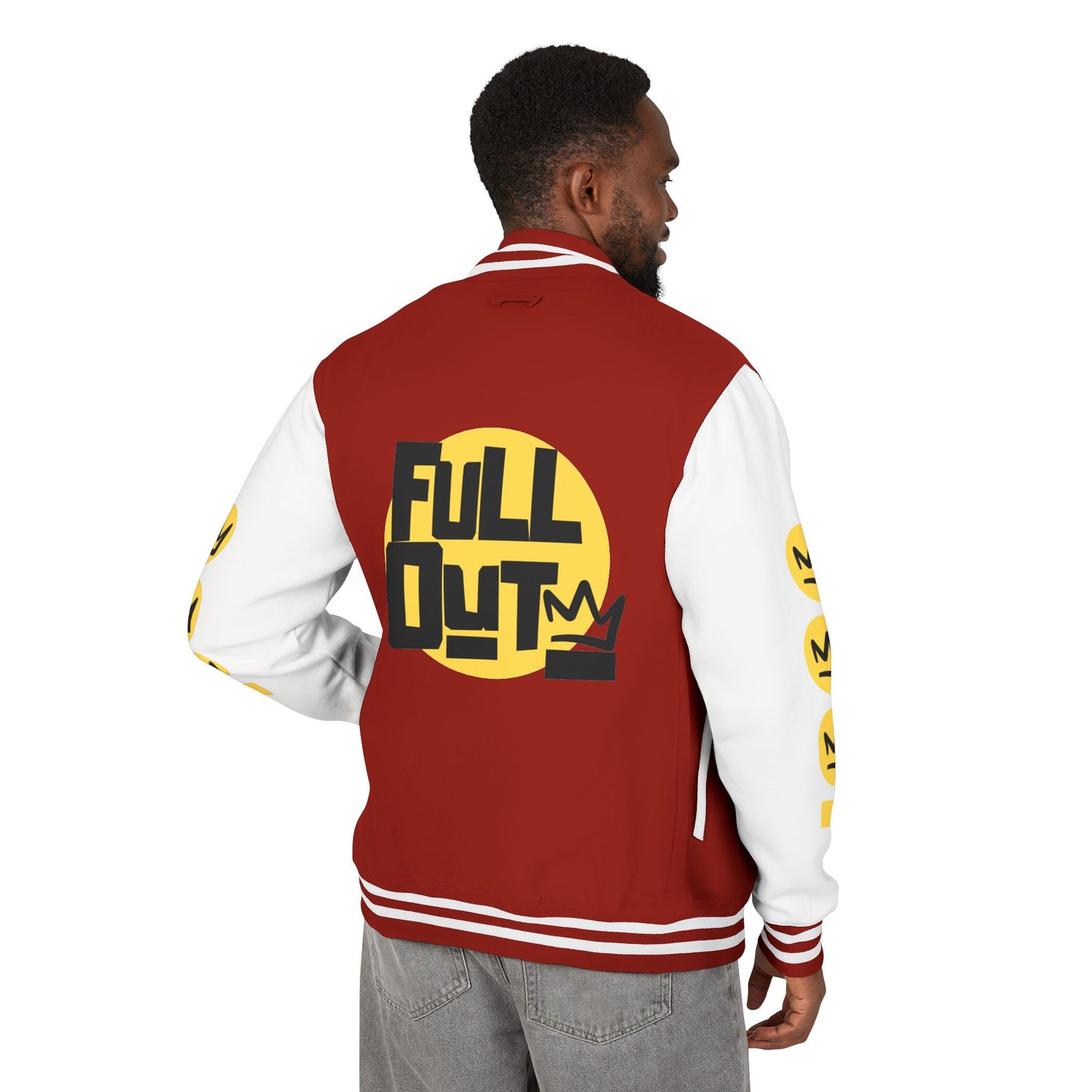 Full Out Premium Collection Letterman Jacket – Unisex Heavyweight Varsity Jacket with "Full Out" Back Graphic and "Crew" Front Design