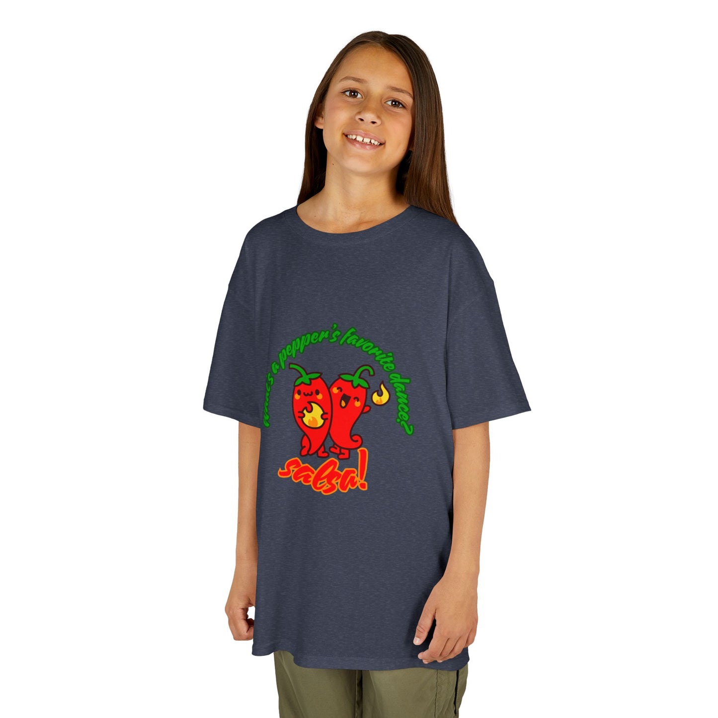 "What’s a Pepper’s Favorite Dance? Salsa!" Youth Short Sleeve Tee – Funny Dance Shirt with Cute Pepper Graphic for Kids