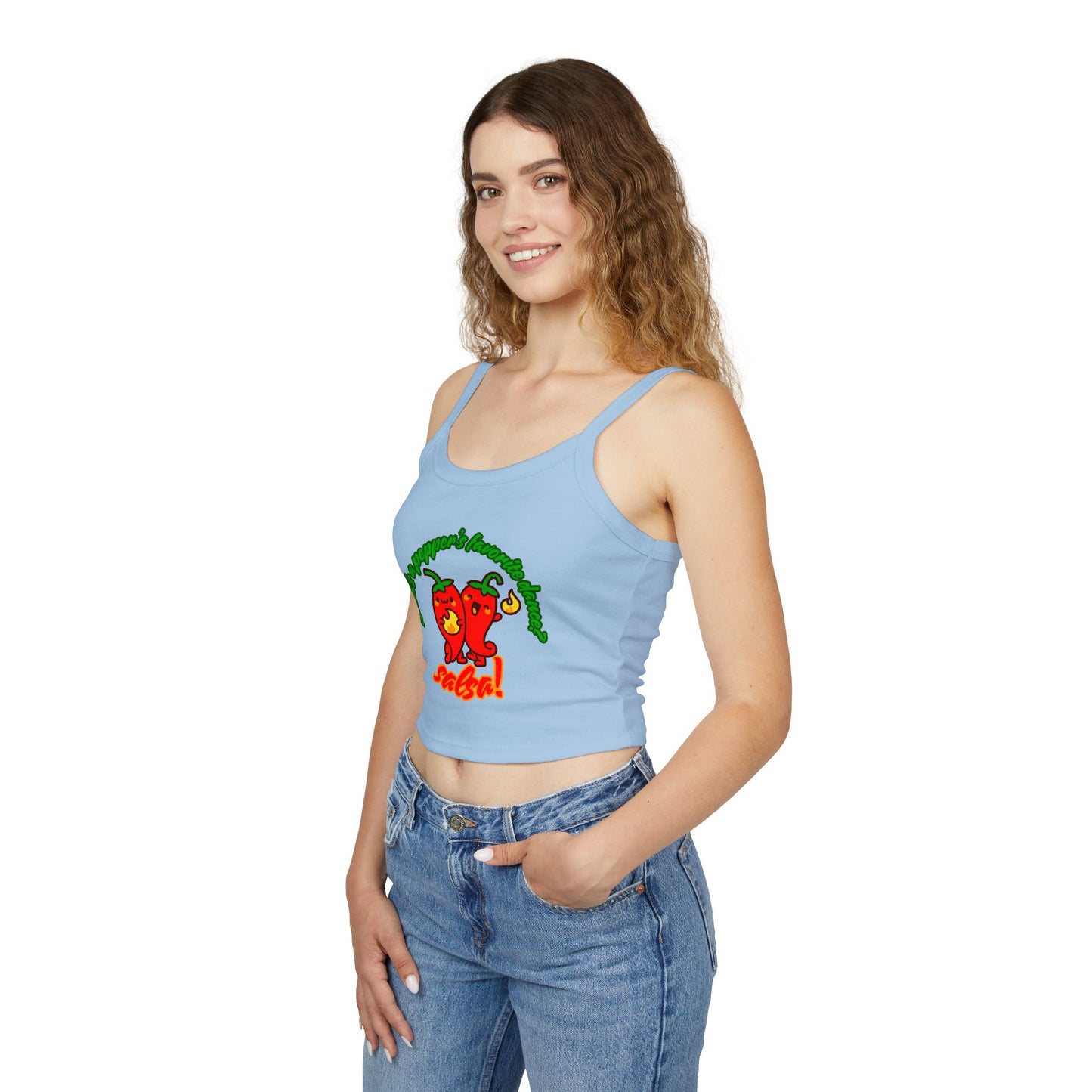 "What’s a Pepper’s Favorite Dance? Salsa!" Women’s Spaghetti Strap Tank Top – Cute Pepper Graphic | Funny Dance Pun Shirt for Dancers & Food Lovers