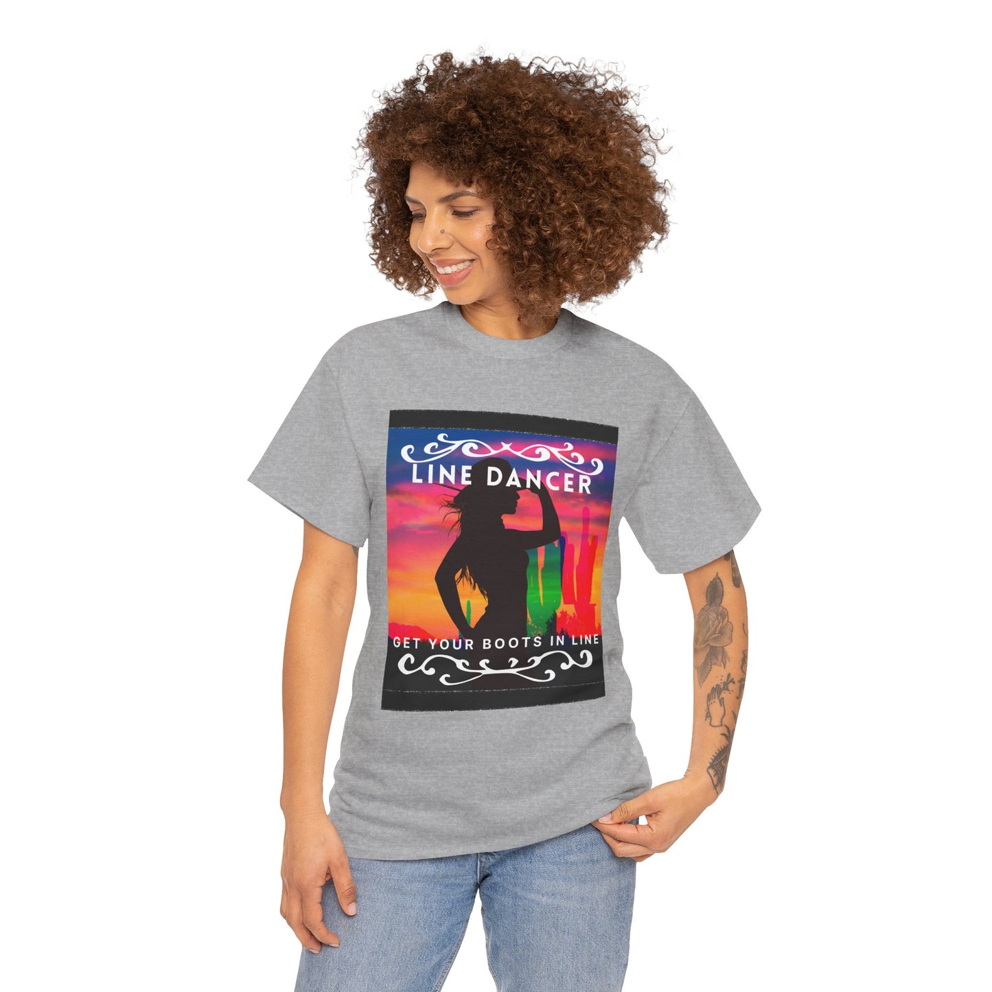 "Line Dancer" Unisex Heavy Cotton T-Shirt – Western Country Dance Graphic Tee – 'Get Your Boots in Line' Cowboy-Inspired Shirt