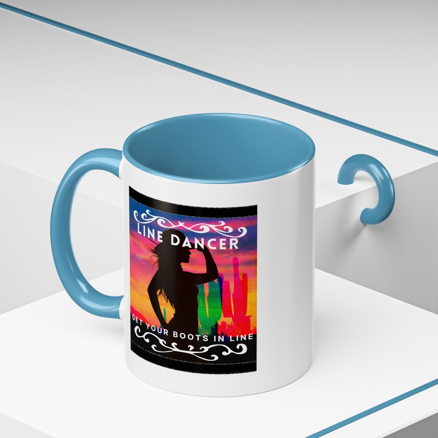 "Line Dancer" Accent Coffee Mug – Cute Cowgirl Graphic Ceramic Mug for Country Dance Lovers