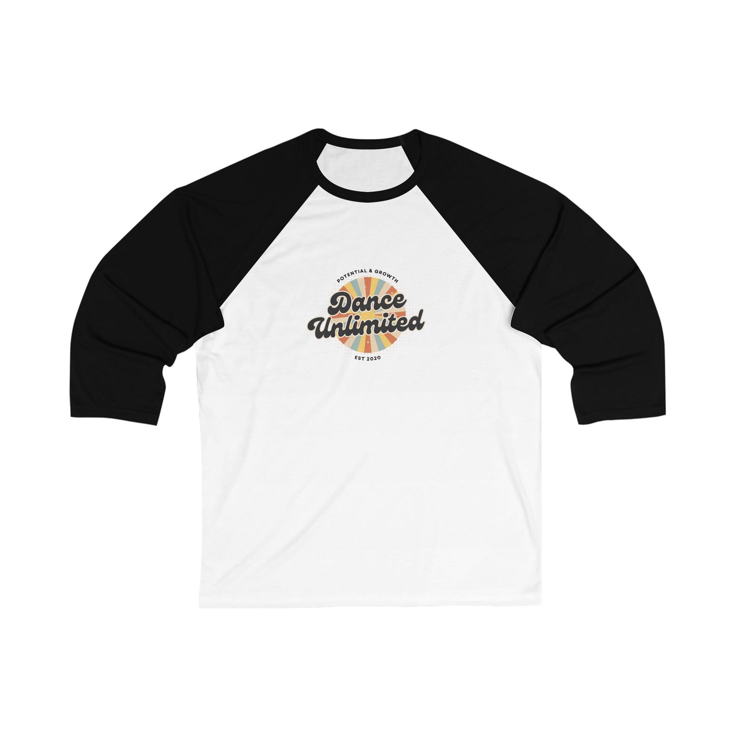 "Dance Unlimited – Potential & Growth" Unisex 3/4 Sleeve Baseball Tee – Retro Graphic Dance Shirt for Dancers and Performers