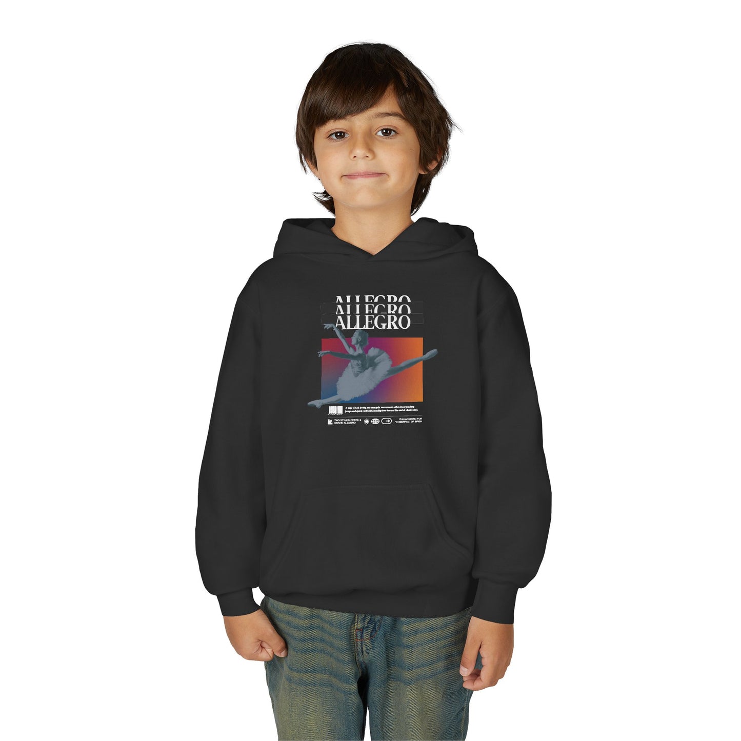 “Allegro” Ballet Term Definition with Beautiful Ballerina Graphic | Unisex Youth Hoodie – Streetwear-Inspired Ballet Dance Hoodie for Kids & Young Dancers