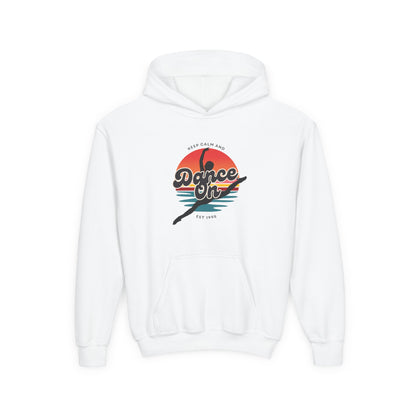 "Keep Calm and Dance On" Youth Hooded Sweatshirt – Retro Dance Quote Graphic Fleece Hoodie for Kids and Teens