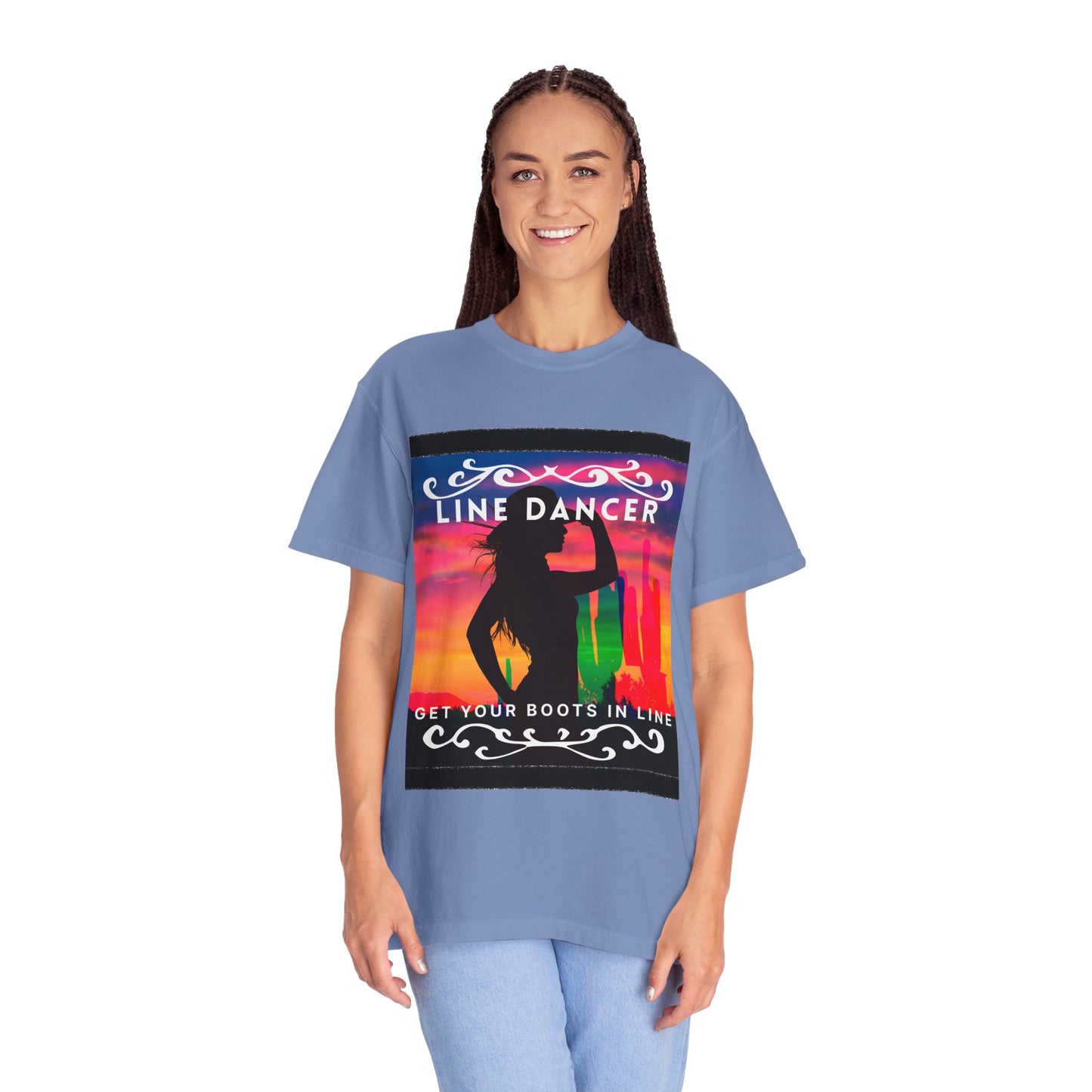 "Line Dancer" Unisex Garment-Dyed T-Shirt – Western Country Dance Graphic Tee – 'Get Your Boots in Line' Cowboy-Inspired Shirt