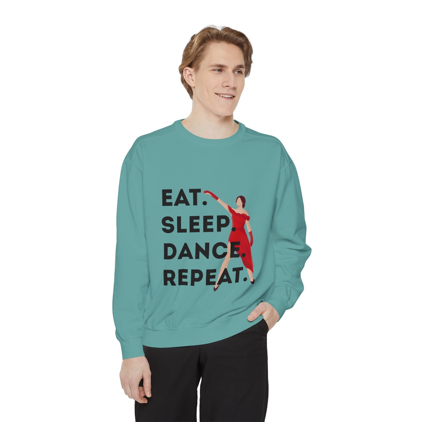 "Eat, Sleep, Dance, Repeat" Unisex Lightweight Crewneck Sweatshirt – Bold Dance Graphic Pullover for Dancers & Studio Life Enthusiasts