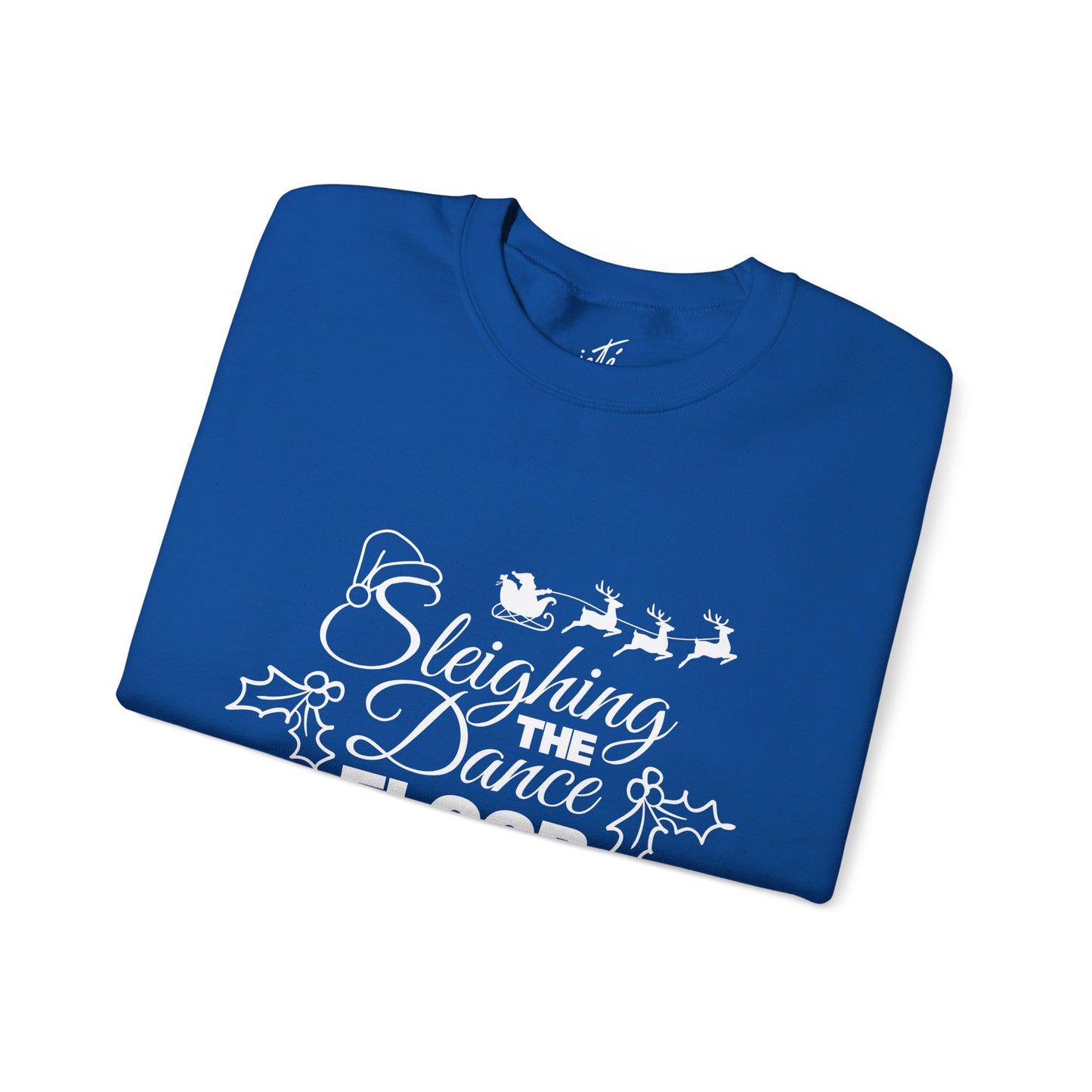 “Sleighing the Dance Floor” ADULT SWEATSHIRT Unisex Heavy Blend Crewneck – Festive Christmas Dance Sweatshirt with Santa’s Sleigh & Reindeer Arm Design, Perfect for Dancers & Studios