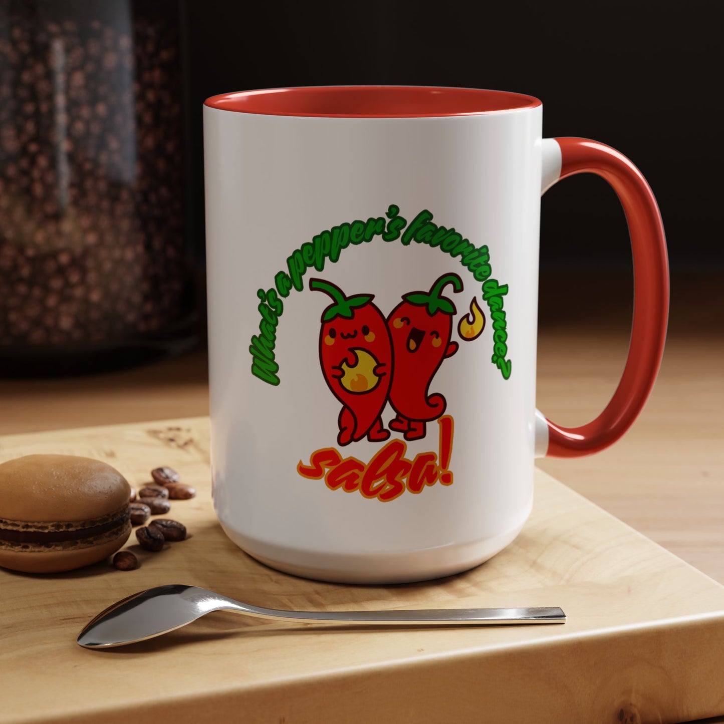 "What's a Pepper's Favorite Dance? Salsa." Accent Coffee Mug – Funny Dance Pun Ceramic Mug for Dancers and Food Lovers