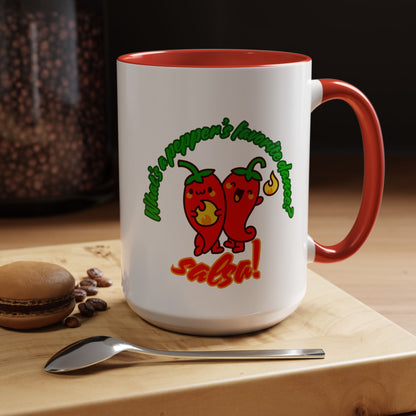 "What's a Pepper's Favorite Dance? Salsa." Accent Coffee Mug – Funny Dance Pun Ceramic Mug for Dancers and Food Lovers
