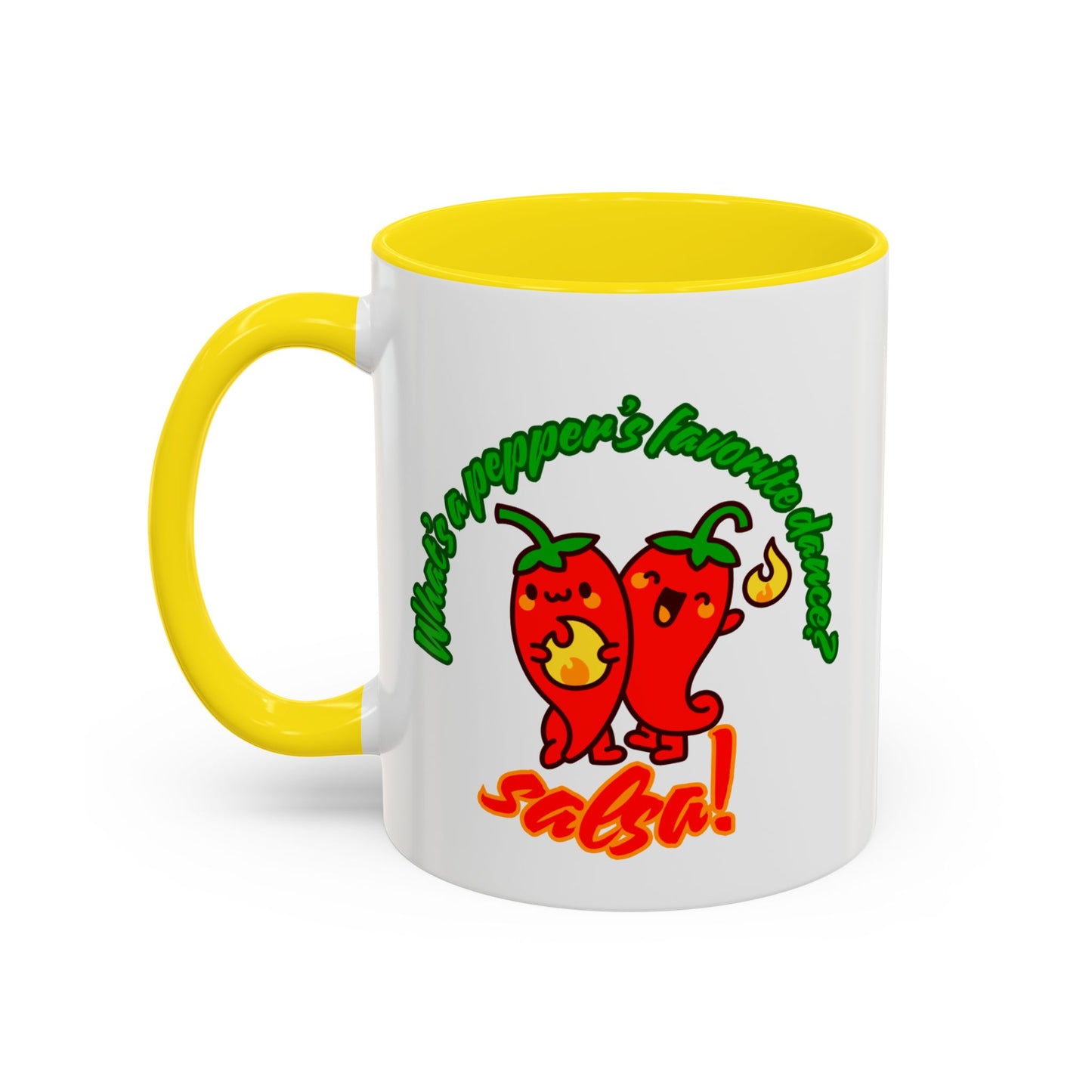 "What's a Pepper's Favorite Dance? Salsa." Accent Coffee Mug – Funny Dance Pun Ceramic Mug for Dancers and Food Lovers