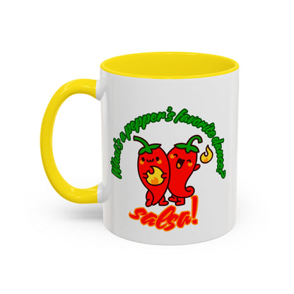 "What's a Pepper's Favorite Dance? Salsa." Accent Coffee Mug – Funny Dance Pun Ceramic Mug for Dancers and Food Lovers