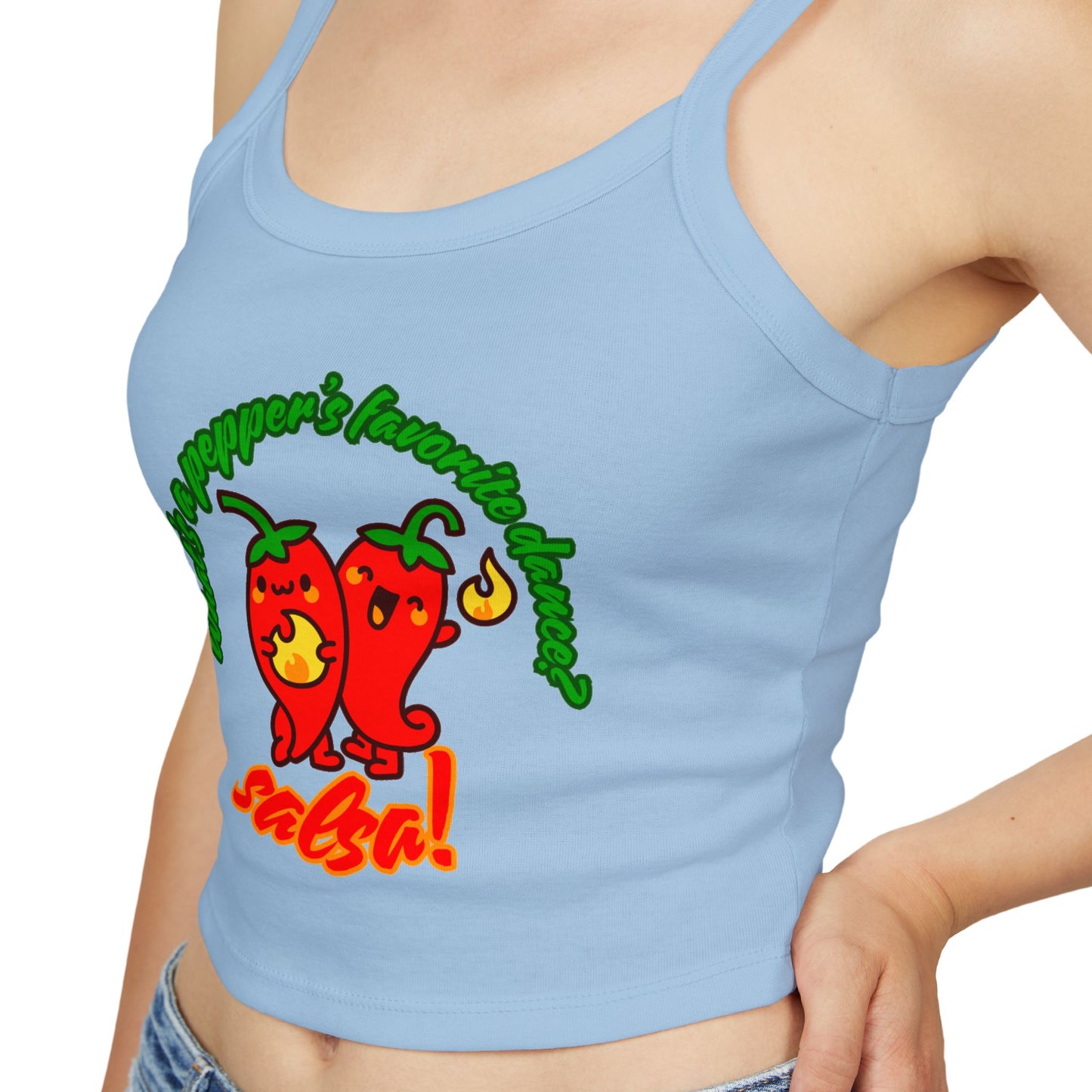 "What’s a Pepper’s Favorite Dance? Salsa!" Women’s Spaghetti Strap Tank Top – Cute Pepper Graphic | Funny Dance Pun Shirt for Dancers & Food Lovers