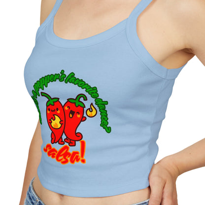 "What’s a Pepper’s Favorite Dance? Salsa!" Women’s Spaghetti Strap Tank Top – Cute Pepper Graphic | Funny Dance Pun Shirt for Dancers & Food Lovers