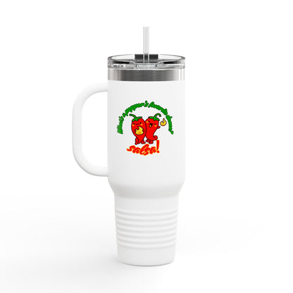 "What's a Pepper's Favorite Dance? Salsa." Funny Dance Quote 40oz Insulated Travel Mug – Bold Pepper Graphic Stainless Steel Tumbler