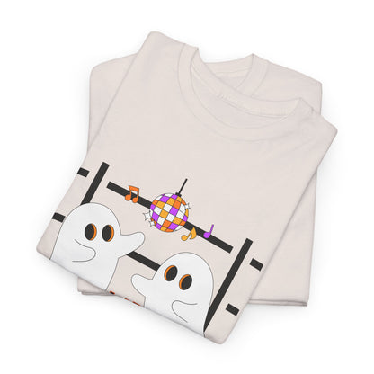“At the Barre for the Boos” Dance Halloween T-Shirt with Cute Ghost Ballet Graphics - Unisex Heavy Cotton Tee