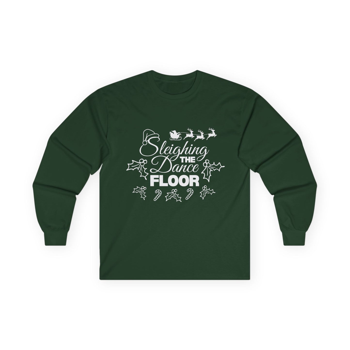“Sleighing the Dance Floor” ADULT TEE Unisex Long Sleeve with Santa’s Sleigh and Reindeer – Festive Christmas Dance Shirt for Dancers, Studios and Holiday Events