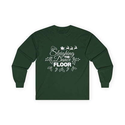 “Sleighing the Dance Floor” ADULT TEE Unisex Long Sleeve with Santa’s Sleigh and Reindeer – Festive Christmas Dance Shirt for Dancers, Studios and Holiday Events