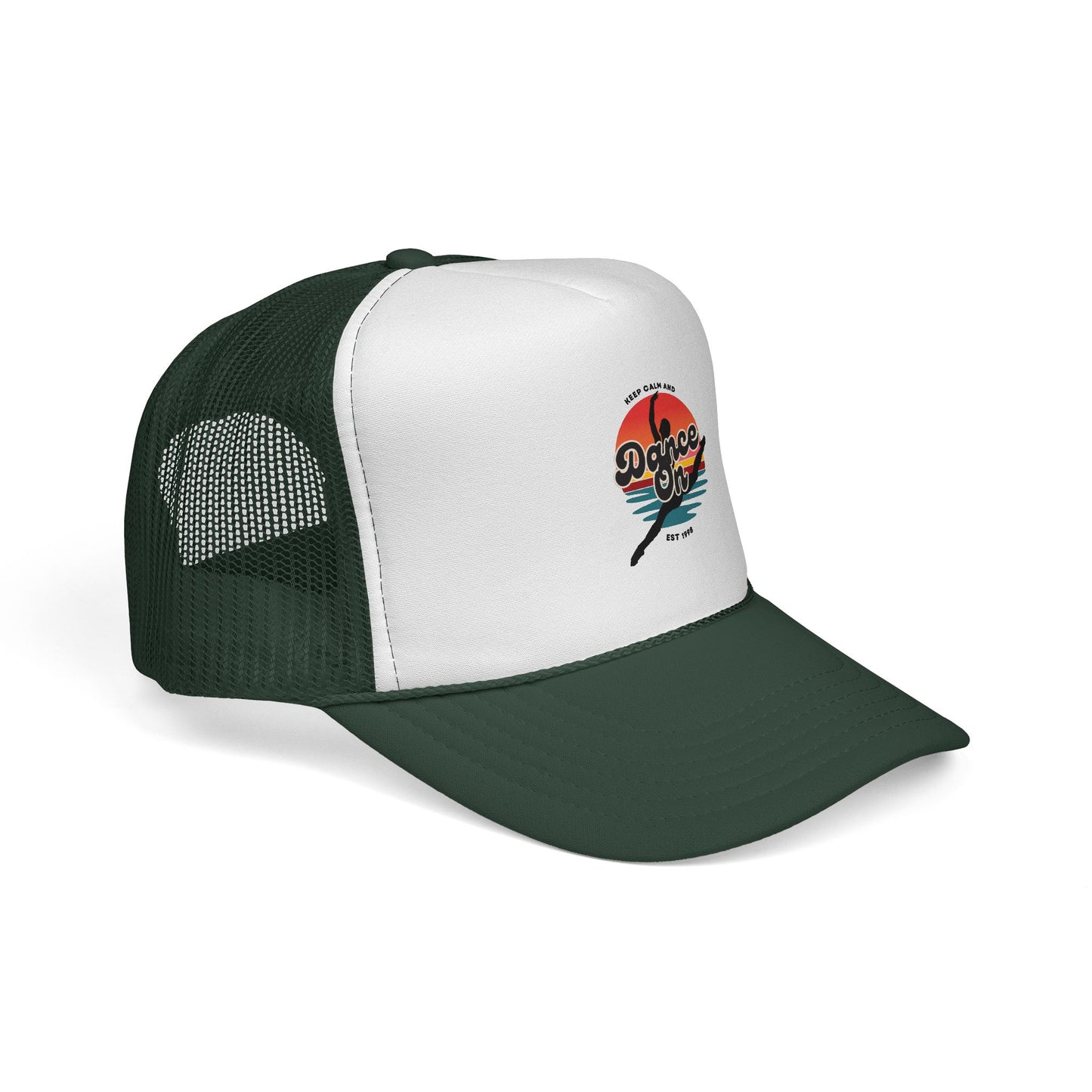"Keep Calm and Dance On" Trucker Hat – Retro Dancer Graphic Unisex Cap for Dance Lovers | Fun Dance-Themed Hat for Everyday Style & Gifts