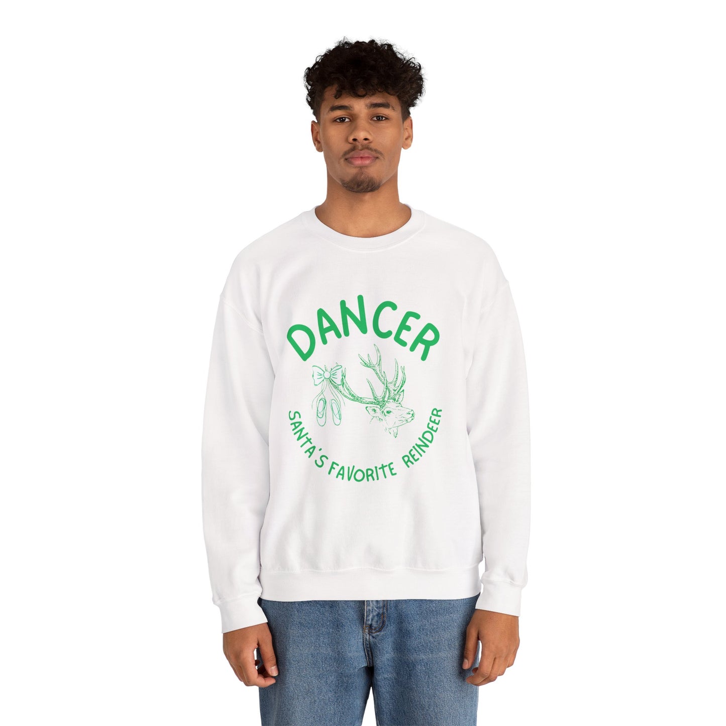 “Dancer, Santa’s Favorite Reindeer” ADULT SWEATSHIRT Unisex Heavy Blend Crewneck with Vintage Reindeer Graphic – Festive Christmas Dance Sweatshirt for Dancers & Holiday Events