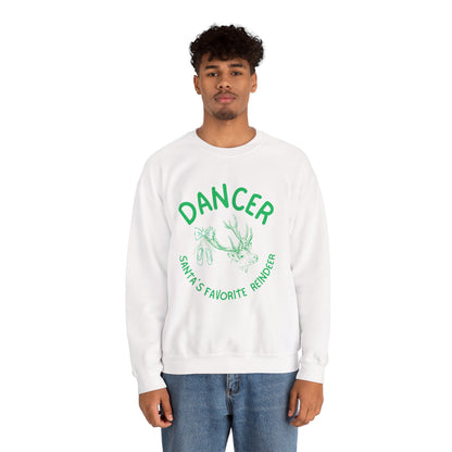 “Dancer, Santa’s Favorite Reindeer” ADULT SWEATSHIRT Unisex Heavy Blend Crewneck with Vintage Reindeer Graphic – Festive Christmas Dance Sweatshirt for Dancers & Holiday Events