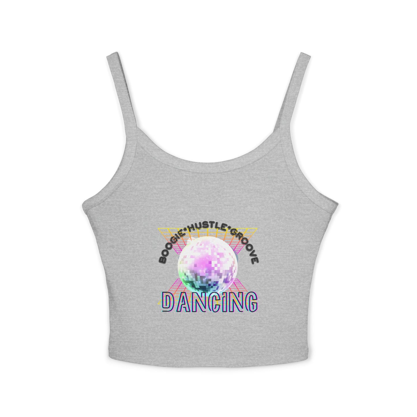"Boogie, Hustle, Groove – Dancing" Women’s Spaghetti Strap Tank Top – Bold Retro Graphic | Fun 70s-Inspired Dancewear for Studio & Everyday Style