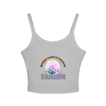 "Boogie, Hustle, Groove – Dancing" Women’s Spaghetti Strap Tank Top – Bold Retro Graphic | Fun 70s-Inspired Dancewear for Studio & Everyday Style