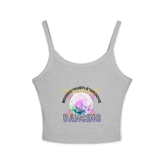 "Boogie, Hustle, Groove – Dancing" Women’s Spaghetti Strap Tank Top – Bold Retro Graphic | Fun 70s-Inspired Dancewear for Studio & Everyday Style