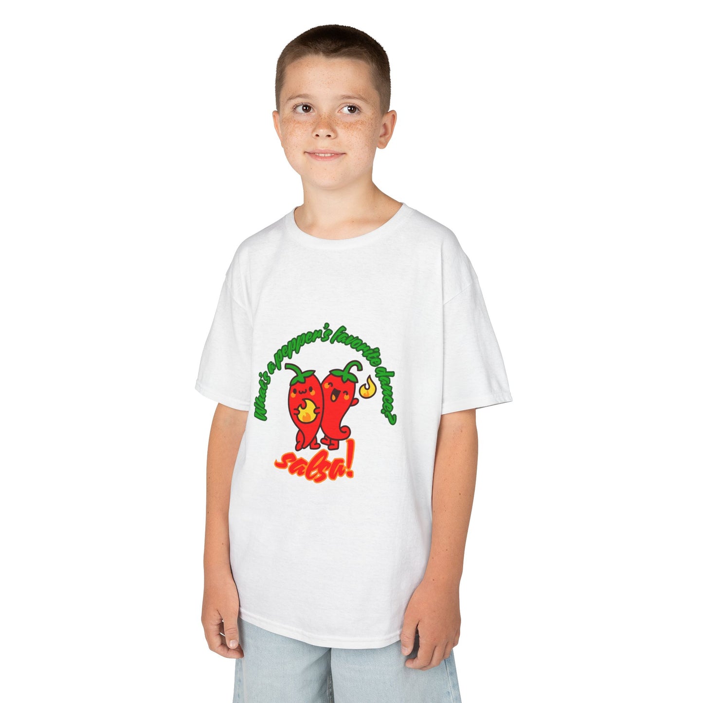 "What’s a Pepper’s Favorite Dance? Salsa!" Youth Short Sleeve Tee – Funny Dance Shirt with Cute Pepper Graphic for Kids
