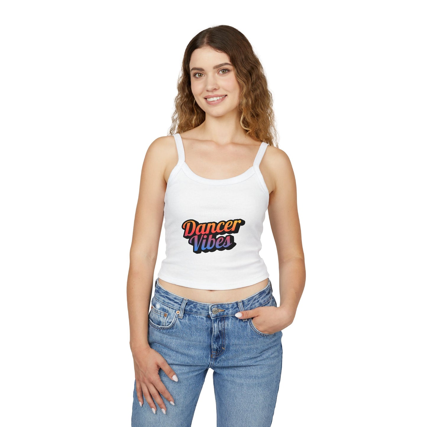 "Dancer Vibes" Women’s Spaghetti Strap Tank Top – Colorful Text Graphic | Fun Dance Lifestyle Shirt for Studio, Festivals & Everyday Style