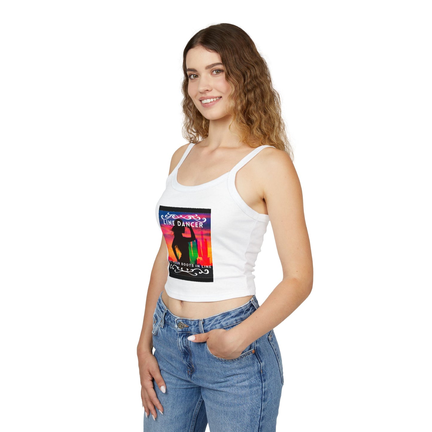 "Line Dancer" Spaghetti Strap Tank Top – Western-Inspired Country Dance Graphic – 'Get Your Boots in Line' Women's Dance Tank