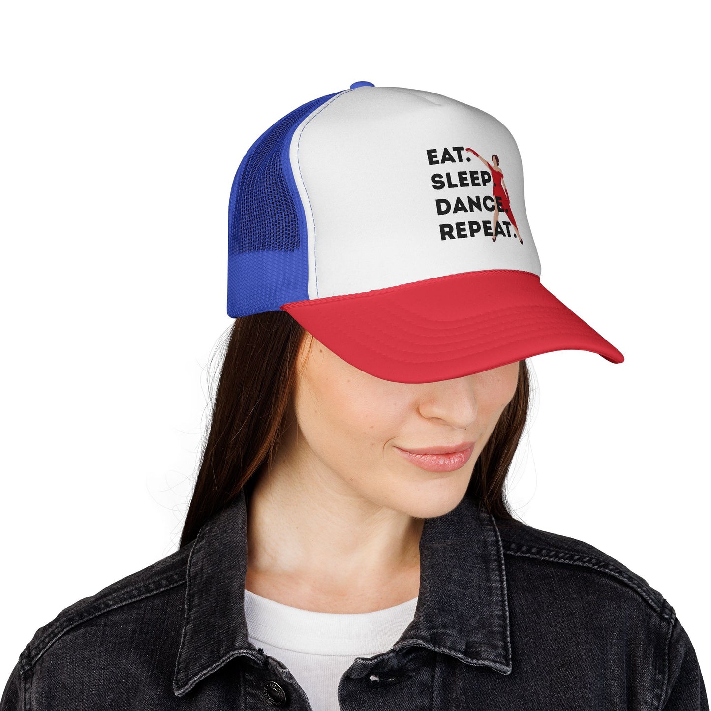 "Eat Sleep Dance Repeat" Trucker Hat – Bold Dancer Graphic Unisex Mesh Cap for Dance Lovers | Dance-Themed Hat