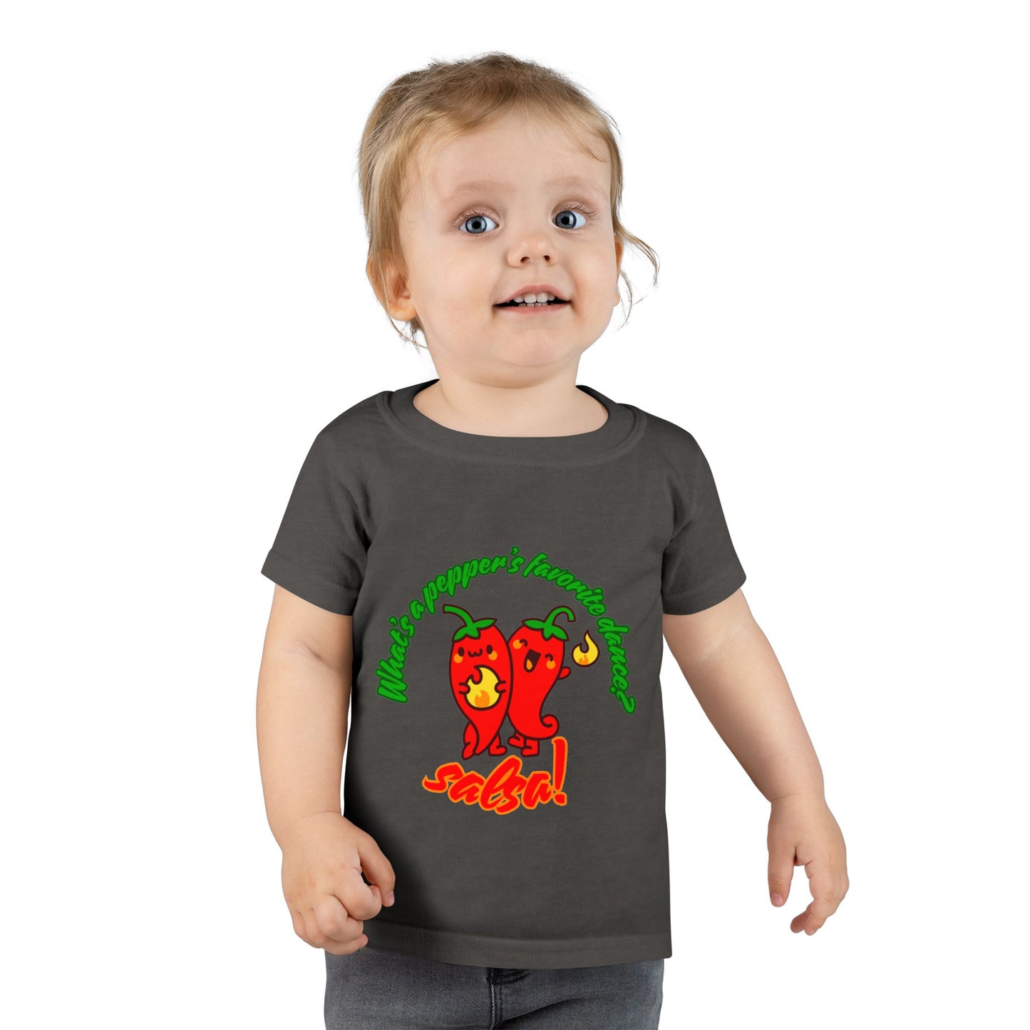 "What Is a Pepper's Favorite Dance? Salsa!" Toddler Dance T-Shirt – Cute Pepper Pun Graphic Short Sleeve Tee for Kids