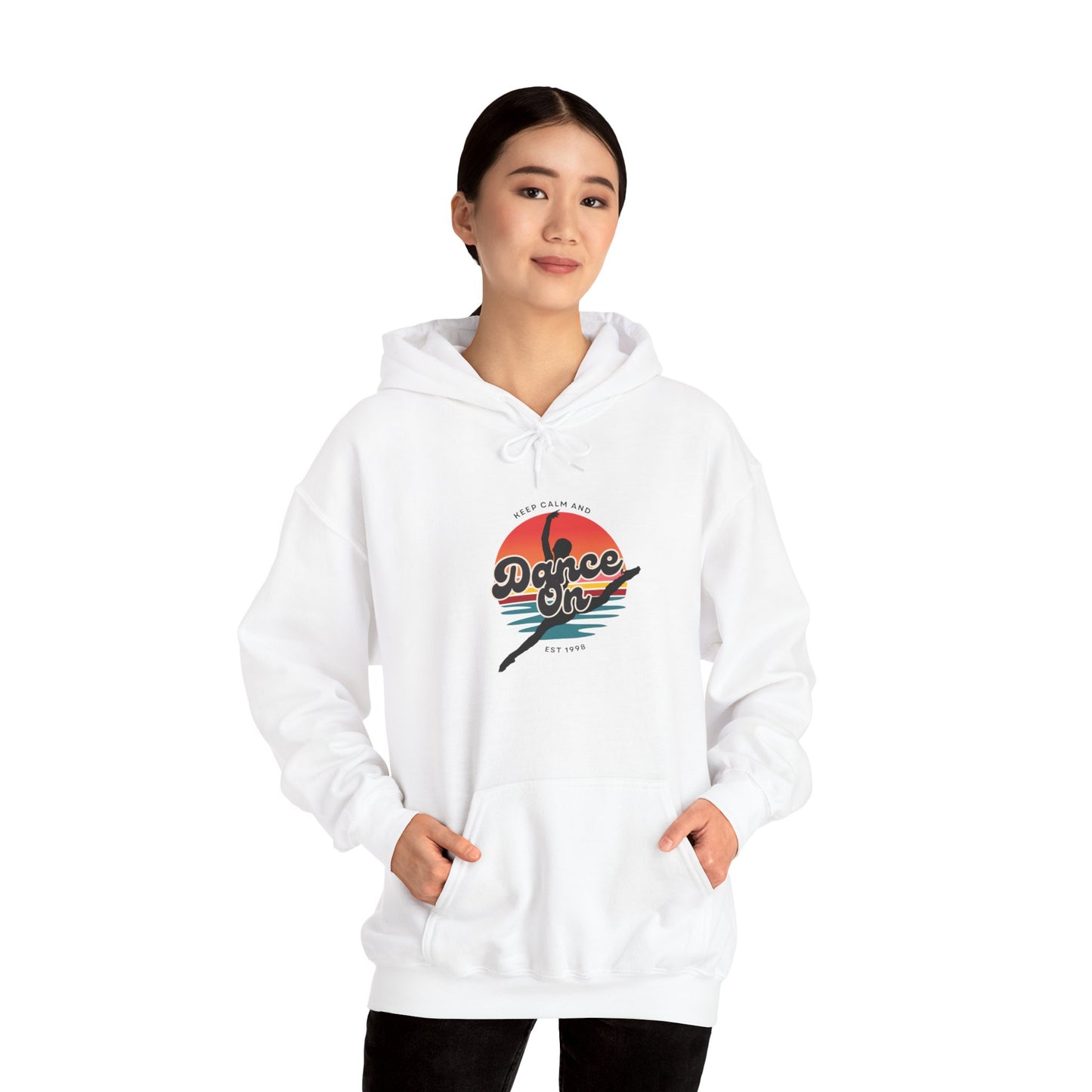 “Keep Calm and Dance On” Retro Hoodie – Unisex Dance-Inspired Hooded Sweatshirt for Dancers & Movement Lovers
